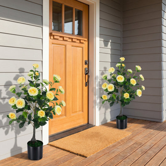 2-Pack Artificial Camellia Tree Faux Flower Plant in Cement-Filled Pot-Yellow