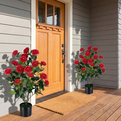2-Pack Artificial Camellia Tree Faux Flower Plant in Cement-Filled Pot-Red