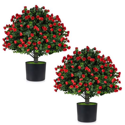 2 Pack Artificial Rose Topiary Ball Trees with PP Cement-Filled Flowerpot for Home