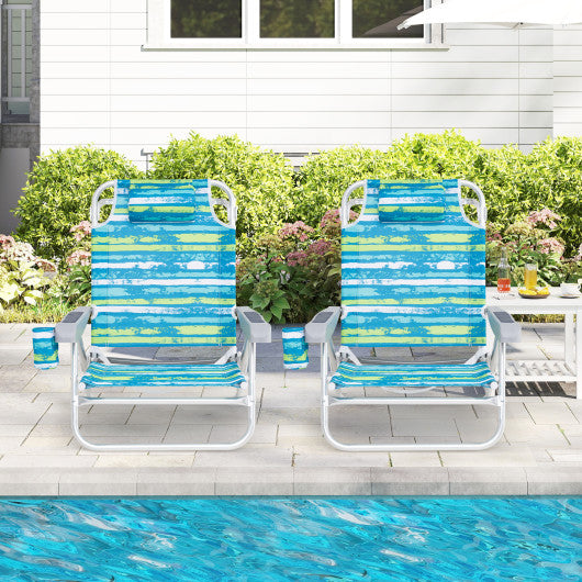 2 Pack Folding Beach Chair with Adjustable Positions and Head Pillow-Green