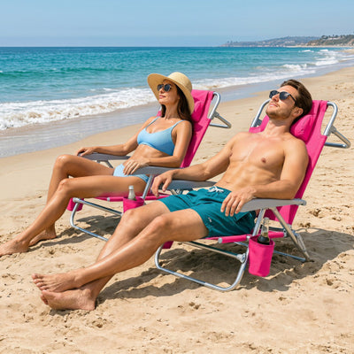 2 Pack Portable Folding Beach Chair with 7-Position Backrest-Pink
