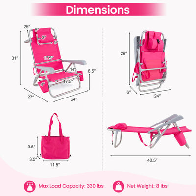 2 Pack Portable Folding Beach Chair with 7-Position Backrest-Pink