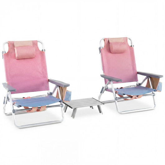 2 Packs 5-Position Outdoor Folding Backpack Beach Table Chair Reclining Chair Set-Pink