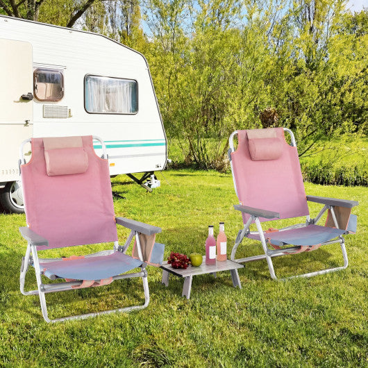 2 Packs 5-Position Outdoor Folding Backpack Beach Table Chair Reclining Chair Set-Pink