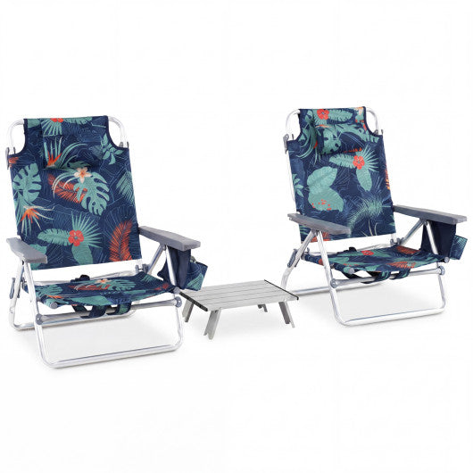 2 Packs 5-Position Outdoor Folding Backpack Beach Table Chair Reclining Chair Set-Green