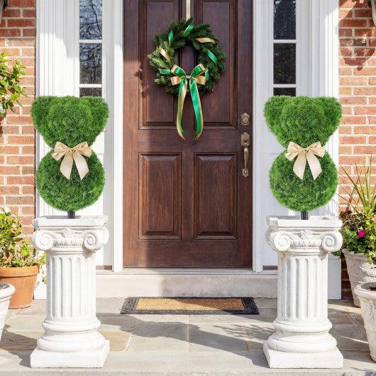 2 Pieces Teddy Bear Topiary Trees Sun-resistant Faux Boxwood Plants with Bowknot