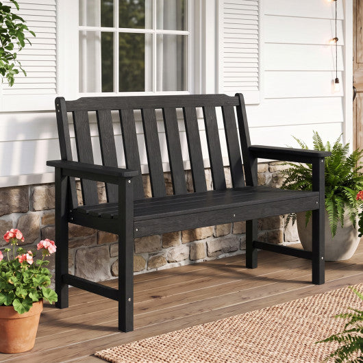 2-Person All Weather HDPE Outdoor Garden Bench with Backrest and Armrests-Black