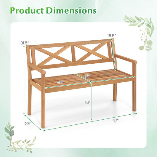2-Person Patio Acacia Wood Garden Chair with Armrests and Backrest for Backyard