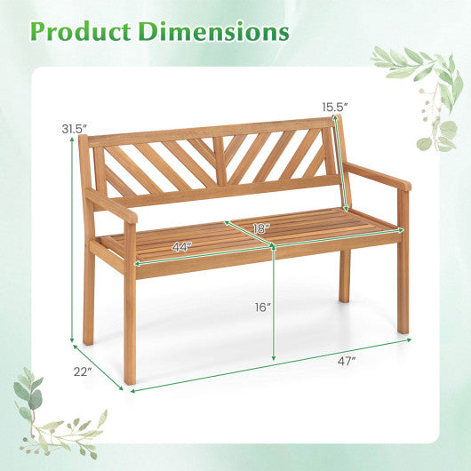 2-Person Patio Acacia Wood Garden Chair with Armrests and Backrest for Porch