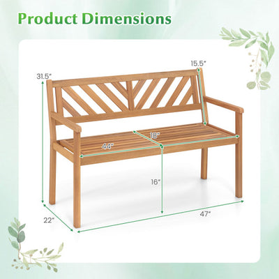 2-Person Patio Acacia Wood Garden Chair with Armrests and Backrest for Porch