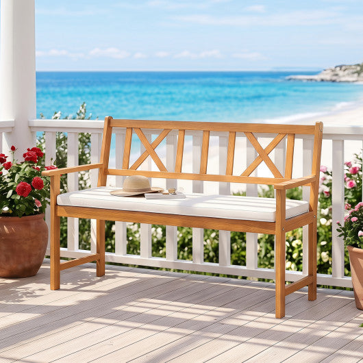 2-Person Patio Acacia Wood Garden Chair with Removable Seat Cushion-Natural&White
