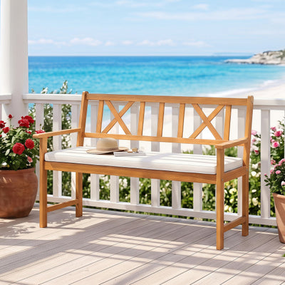 2-Person Patio Acacia Wood Garden Chair with Removable Seat Cushion-Natural&White