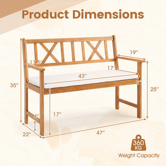 2-Person Patio Acacia Wood Garden Chair with Removable Seat Cushion-Natural&White