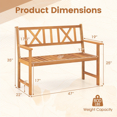 2-Person Patio Acacia Wood Garden Chair with Armrests and X-Shaped Backrest for Garden