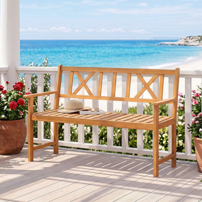 2-Person Patio Acacia Wood Garden Chair with Armrests and X-Shaped Backrest for Garden