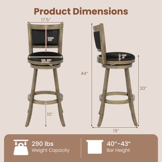2 Pieces 29 Inch Wooden Swivel Height Bar Stool with PVC Cushioned Seat-Gray