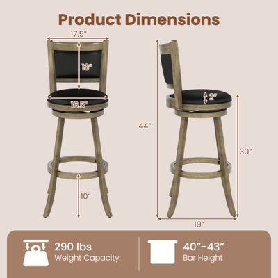 2 Pieces 29 Inch Wooden Swivel Height Bar Stool with PVC Cushioned Seat-Gray