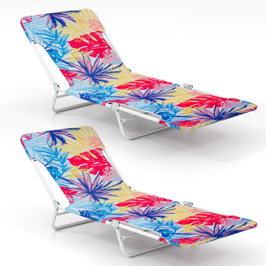2 Pieces 5-position Lay Flat Beach Recliner with Carry Strap and Metal Frame-Pink