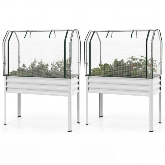 2 Pieces Galvanized Raised Garden Bed with Legs and Greenhouse Cover for Vegetable Flower-Silver