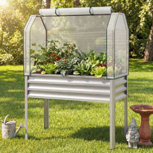 2 Pieces Galvanized Raised Garden Bed with Legs and Greenhouse Cover for Vegetable Flower-Silver