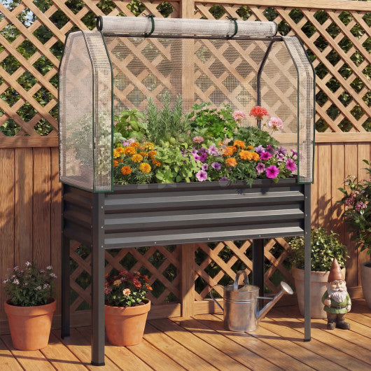 2 Pieces Galvanized Raised Garden Bed with Legs and Greenhouse Cover for Vegetable Flower-Gray
