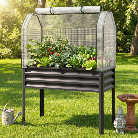 2 Pieces Galvanized Raised Garden Bed with Legs and Greenhouse Cover for Vegetable Flower-Gray