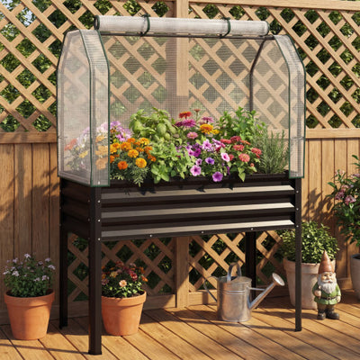 2 Pieces Galvanized Raised Garden Bed with Legs and Greenhouse Cover for Vegetable Flower-Black