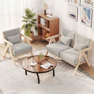 2 Pieces Living Room Furniture Set with Rubber Wood Frame-Gray
