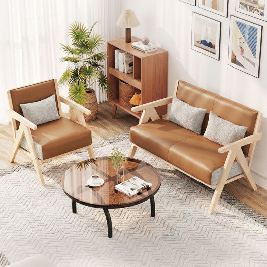 2 Pieces Living Room Furniture Set with Rubber Wood Frame-Brown