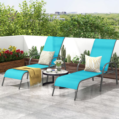 2 Pieces Outdoor Patio Lounge Chair Chaise Fabric with Adjustable Reclining Armrest-Turquoise