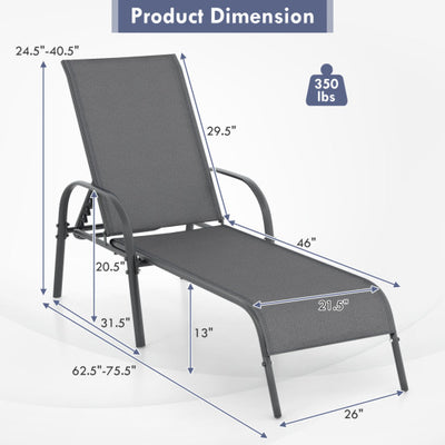 2 Pieces Outdoor Patio Lounge Chair Chaise Fabric with Adjustable Reclining Armrest-Dark Gray