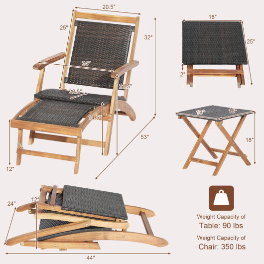 3 Pieces Patio Rattan Folding Lounge Chair Set of 2 with Acacia Wood Table