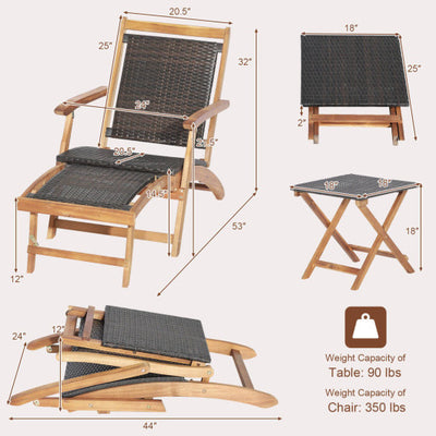 3 Pieces Patio Rattan Folding Lounge Chair Set of 2 with Acacia Wood Table