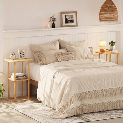 2 Pieces Side Table with Storage Shelves and Bamboo Construction-Natural