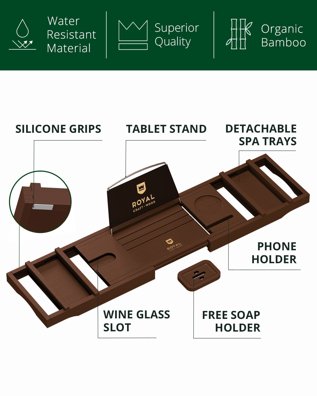 Foldable Bathtub Caddy Tray, Brown