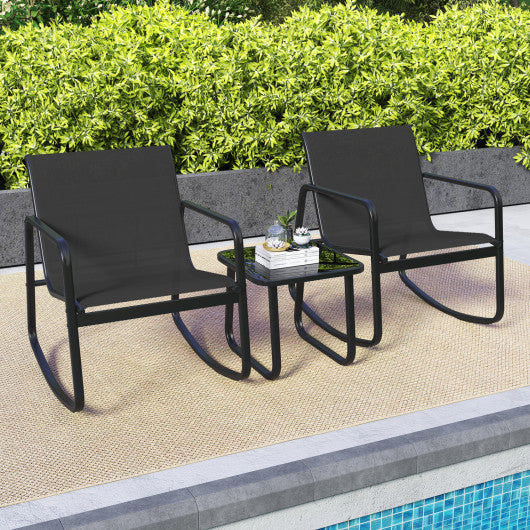 2 Rocking Bistro Chairs and Glass-Top Table for Porch Yard Balcony-Black