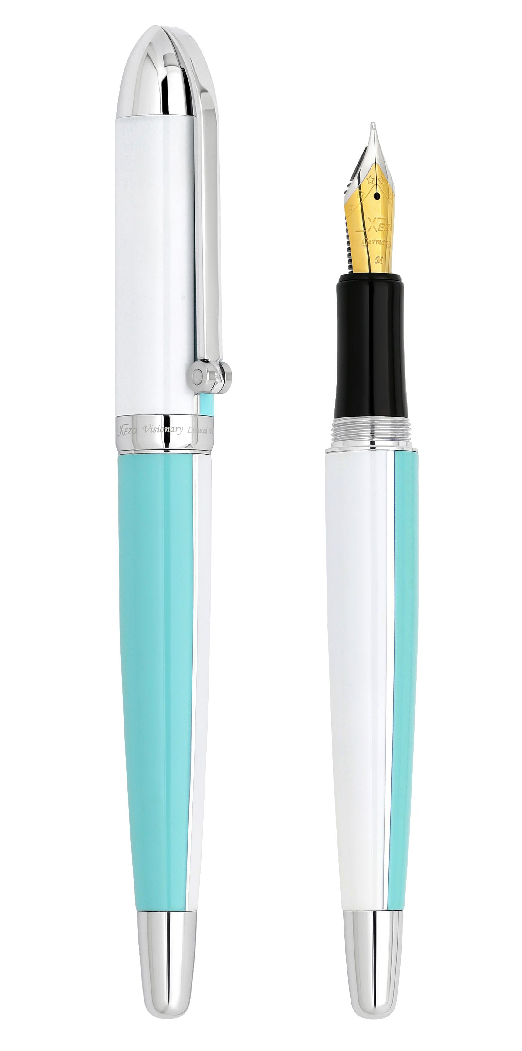 Visionary® Brass & Aluminum Enameled Fountain Pen (Medium Nib) and Ballpoint Pen Set - Sky Blue / White