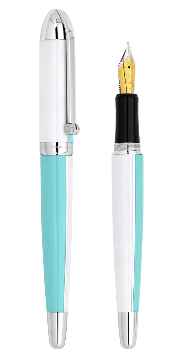 Visionary® Brass & Aluminum Enameled Fountain Pen (Medium Nib) and Ballpoint Pen Set - Sky Blue / White