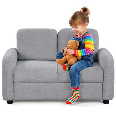 2-Seat Kids Sofa Toddler Sofa Couch with Soft Teddy Fleece Upholstery and Solid Wooden Frame-Gray