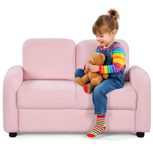 2-Seat Kids Sofa Toddler Sofa Couch with Soft Teddy Fleece Upholstery and Solid Wooden Frame-Pink