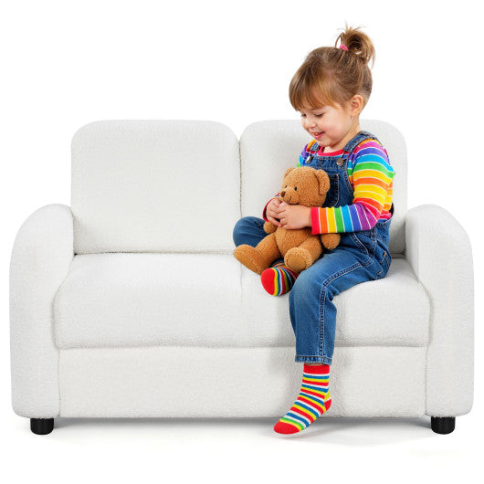 2-Seat Kids Sofa Toddler Sofa Couch with Soft Teddy Fleece Upholstery and Solid Wooden Frame-White