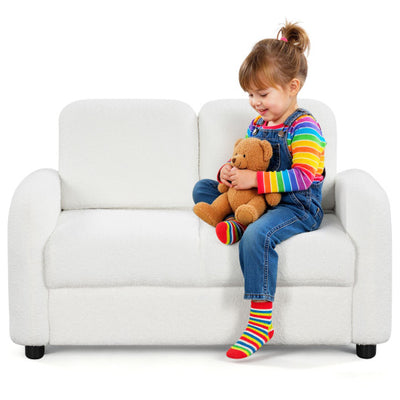 2-Seat Kids Sofa Toddler Sofa Couch with Soft Teddy Fleece Upholstery and Solid Wooden Frame-White