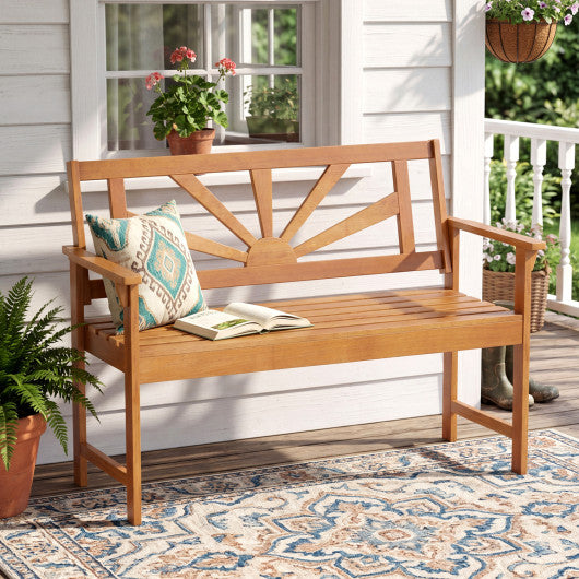 2-Seater Acacia Wood Loveseat Bench with Backrest and Armrests for Patio