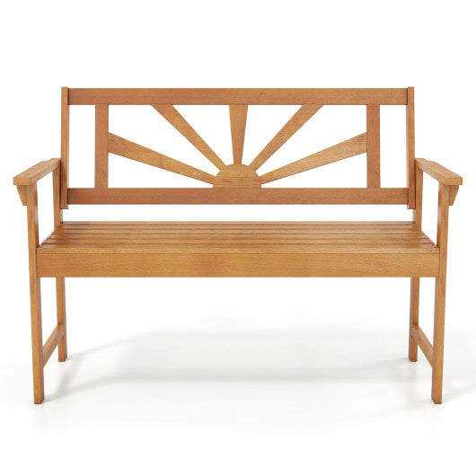 2-Seater Acacia Wood Loveseat Bench with Backrest and Armrests for Patio