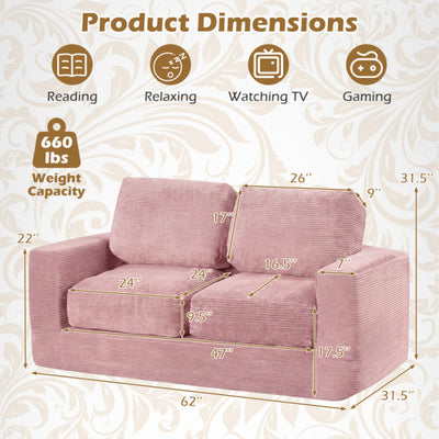 2-Seater Floor Couch Loveseat Foam Sofa with Removable Corduroy Cover-Pink