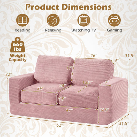 2-Seater Floor Couch Loveseat Foam Sofa with Removable Corduroy Cover-Pink