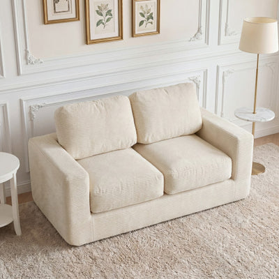 2-Seater Floor Couch Loveseat Foam Sofa with Removable Corduroy Cover-Beige
