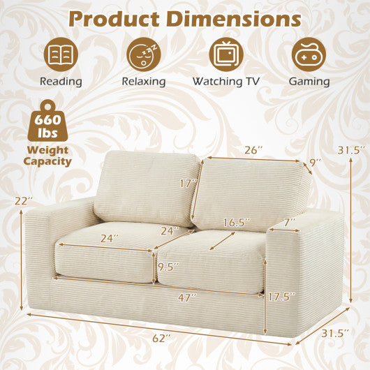 2-Seater Floor Couch Loveseat Foam Sofa with Removable Corduroy Cover-Beige