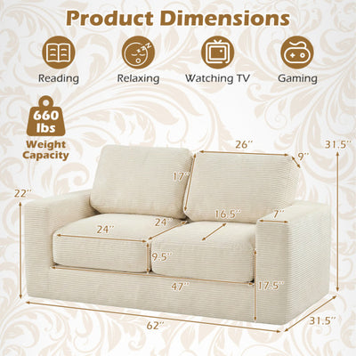 2-Seater Floor Couch Loveseat Foam Sofa with Removable Corduroy Cover-Beige