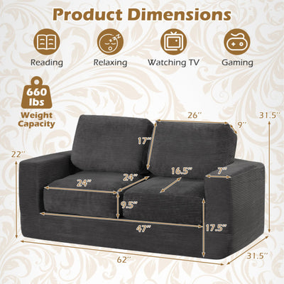 2-Seater Floor Couch Loveseat Foam Sofa with Removable Corduroy Cover-Black